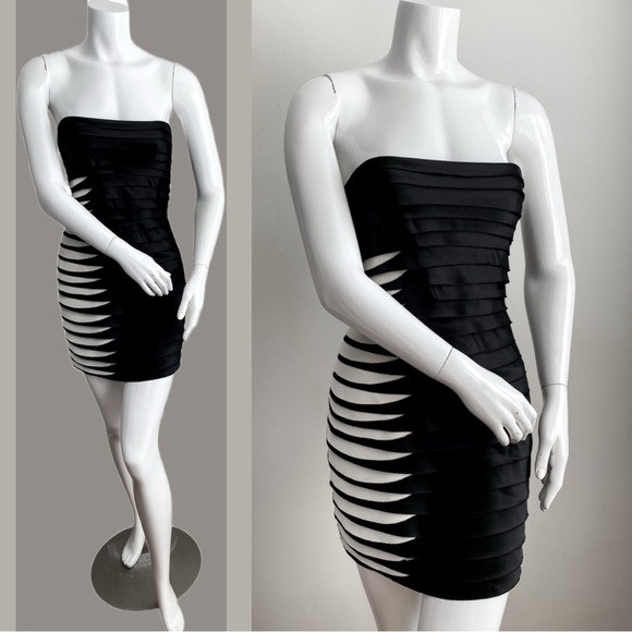BCBGMaxAzria Black Ivory Mini Cocktail Party Shutter Pleated Dress Satin Tiered - Picture 10 of 11